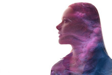 Art Portrait. Skin Rejuvenation. Esoteric Recreation. Spiritual Aura. Double Exposure Glitter Neon Glow Purple Smoke In Profile Woman Silhouette Isolated On White Copy Space Background.