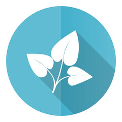 Leinwandbilder - Leaf vector icon, flat design blue round web button isolated on white background