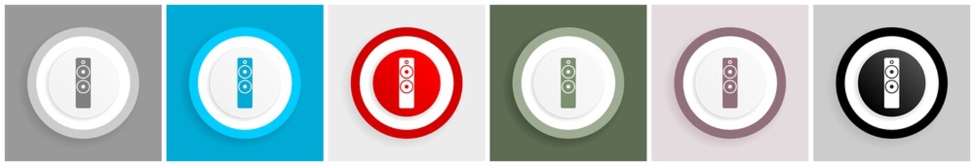 Aufkleber - Music speaker, loudspeaker icon set, colorful flat design vector illustrations in 6 options for web design and mobile applications
