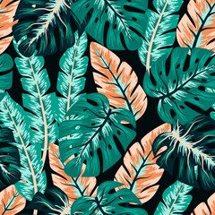  Trend seamless pattern with colorful tropical leaves on a dark background. Creative abstract background. Exotic wallpaper, Hawaiian style. Jungle leaves. Botanical pattern.