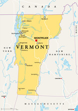 Vermont, VT, Political Map With Capital Montpelier, Borders, Cities, Rivers And Lakes. Northeastern State In The New England Region Of The United States. The Green Mountain State. Illustration. Vector