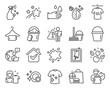 © blankstock - Cleaning icons set. Included icon as Bucket, Dirty spot, Window cleaning signs. Clean bubbles, Sponge, Clean shirt symbols. Dry t-shirt, Washing cleanser, Dirty water. Rubber gloves. Vector