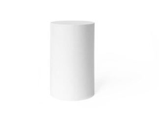 White podium mockup cylinder shape isolated on white background. Pedestal, stage or platform for product presentation with empty space for display