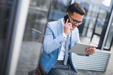 Wall Mural - Happy businessman having pleasant conversation