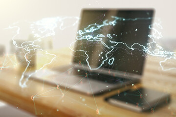 Wall Mural - abstract creative world map and modern desktop with computer on background, international trading co