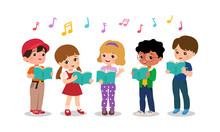 Boy And Girl Singing Together. School Nursery Choir Group. Children Clip Art. Flat Style Cartoon Isolated On White Background.