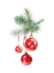 watercolor christmas tree with balls decor. hand painted holiday card with red glass toys on fir bra