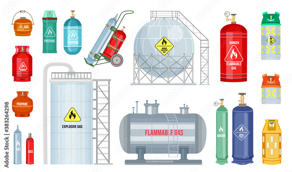 Vector gas cylinder set icon. Cylindrical container with liquefied ...