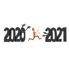 Scared Man Running Away From 2020 To 2021. New Year Concept.