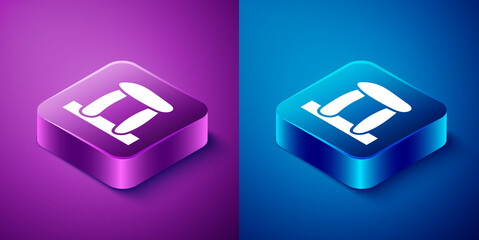 Sticker - Isometric Stonehenge icon isolated on blue and purple background. Square button. Vector.