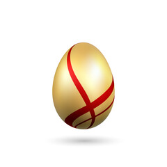 Wall Mural - Easter egg 3D icon. Gold red egg isolated white background. Golden design template, decoration Happy Easter celebration. Holiday element. Shiny pattern. Traditional symbol spring. Vector illustration