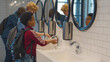 Diverse schoolboys washing hands after using toilet in school washroom