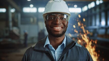 Aufkleber - Happy Professional Heavy Industry Engineer/Worker Wearing Uniform, Glasses and Hard Hat in a Steel Factory. Smiling African American Industrial Specialist Standing in a Metal Construction Manufacture.
