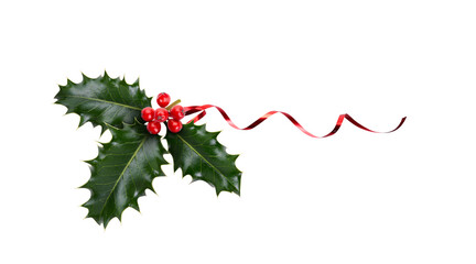 Wall Mural - a sprig, three leaves, of green holly and red berries and red ribbon for christmas decoration isolat