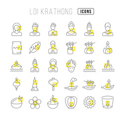 Wall Mural - Vector Line Icons of Loi Krathong