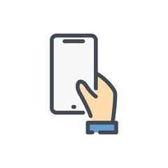 Wall Mural - Hand hold mobile phone color line icon. Holding a smartphone vector outline colorful sign.