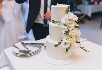 A beautiful white three-tiered cake decorated with flowers and a dish for dessert with a knife stands on a table in a restaurant at a wedding.