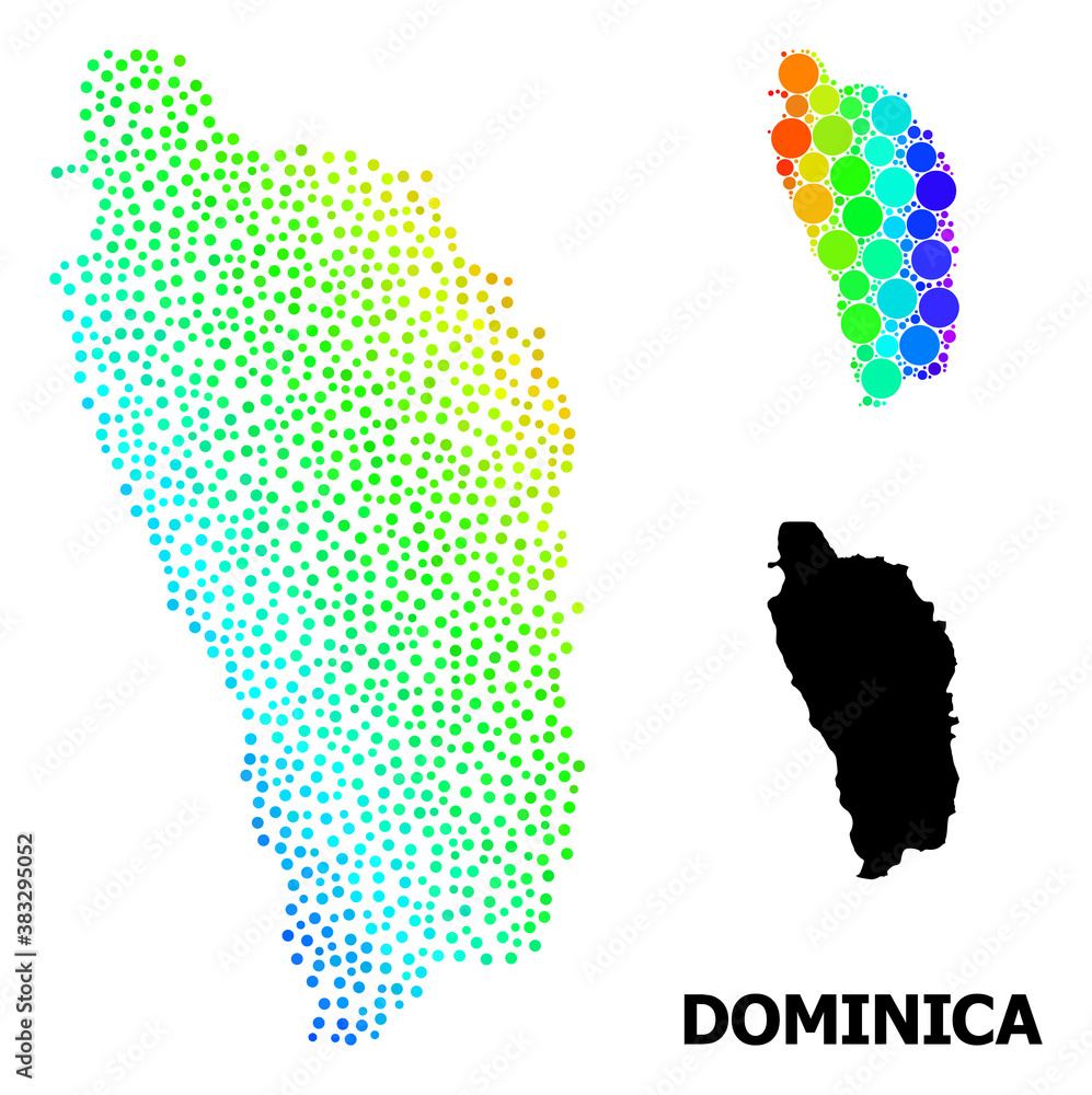 Pixel spectral, and monochrome map of Dominica Island, and black text ...