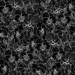 Sticker - Monochrome floral seamless pattern with hand drawn pansy flowers on black background. Stock vector illustration.