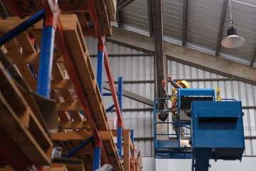 Wall Mural - Install fire sprinkler system. In the industrial plant, pipe assembly, red fire pipe, fire protection contractors Using Scissor Lift High work