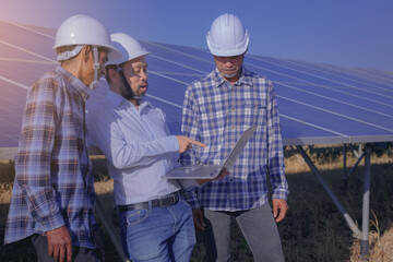 Wall Mural - Electrical, instrument technician and worker discuss after working for maintenance electrical system at solar panel field	