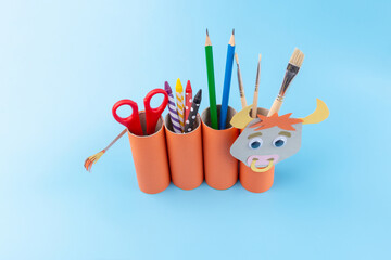 Wall Mural - toilet paper roll craft concept, how to make a bull or cow, step by step instruction, simple activity for kids with parents, pencil holder handmade gift for year of ox, DIY