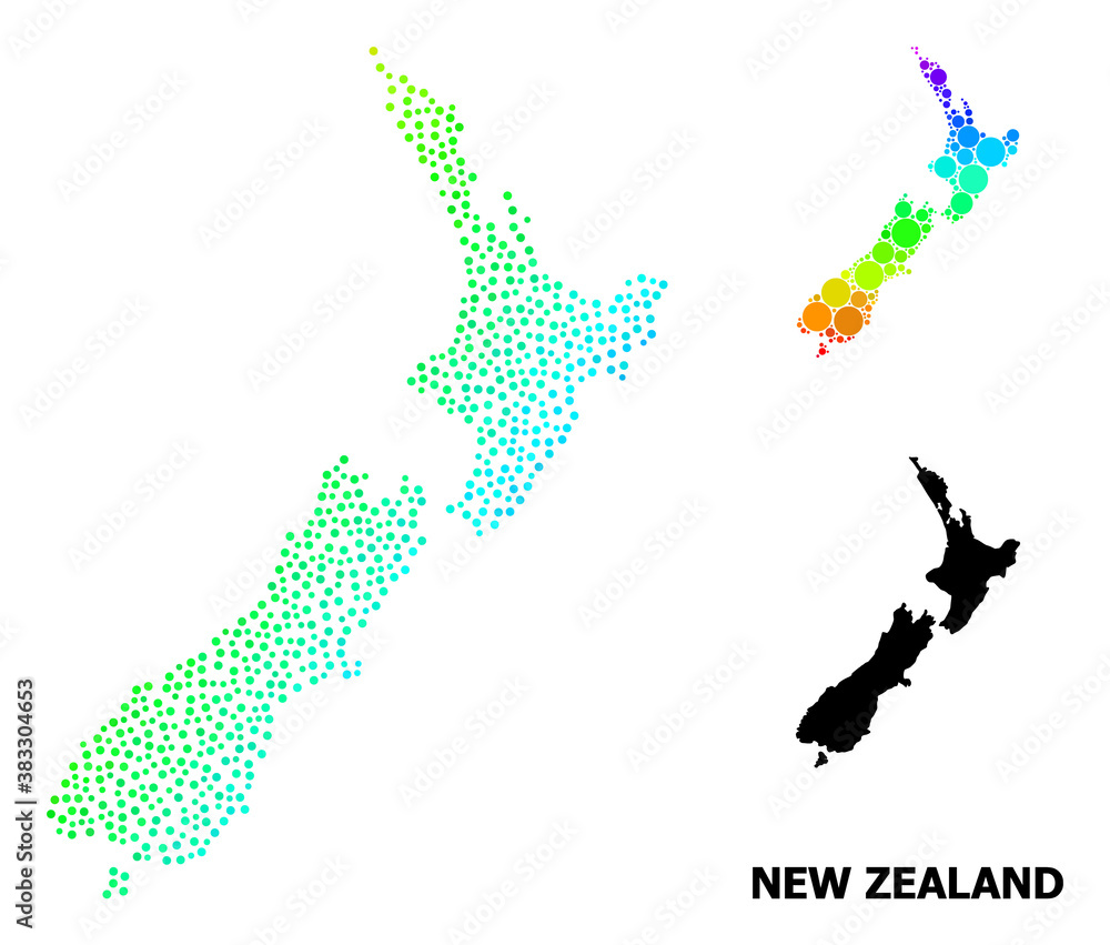 Dot spectrum, and monochrome map of New Zealand, and black name. Vector ...