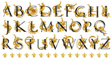 Watercolor Alphabet Set. Luxory Letters With Gold Damask Curl Composition. 