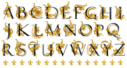 watercolor Alphabet Set. Luxory letters with gold damask curl composition. 