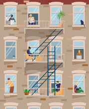 House Front With Different People Staying At Home, Working, Studying, Reading. Home Office. People In Windows. Flat Vector Illustration.
