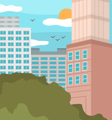 Wall Mural - Cityscape with tall building, tops of green trees, blue sky, white clouds and sun. Modern city skyline flat vector background. Urban city tower skyline illustration with skyscrapers in sunny day