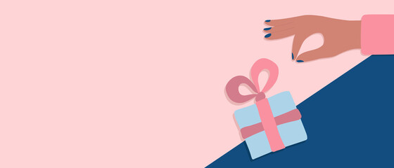 Wall Mural - Vector illustration. Greeting web banner with a blue gift box and a female hand. Pink bows. Space for your text. 