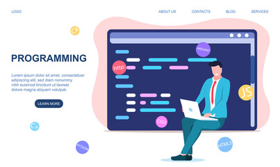 Programming or coding concept with man working on laptop on his lap. Web page template. Flat cartoon vector illustration