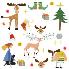 Wall Mural - Christmas or New Year big collection in flat cartoon style. Set with cute deer, funny lamb, girl with gift, fir tree, Christmas stockings and other. Color vector illustration