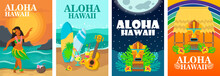 Aloha Hawaii Banner Design Set. Tropical Beach, Dancer, Surfboard And Ukulele Vector Illustration. Colorful Graphic Elements With Text. Template For Travel Posters, Brochures, Touristic Flyers