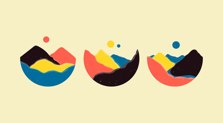 Wall Mural - Mountains, river, sea view. Hills, sun, Moon. Round Icons. Flat Abstract design. Scandinavian style lanscapes. Set of three hand drawn trendy Vector illustrations. Wallpaper Templates for stories