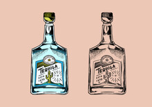  Glass Bottle With Strong Drink. Vintage Mexican Tequila Badge. Alcoholic Label For Poster Banner. Hand Drawn Engraved Sketch For T-shirt.