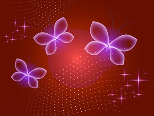 Glowing image with magic butterflies. Transparent reflective background for graphic design. Neon purple pictures.