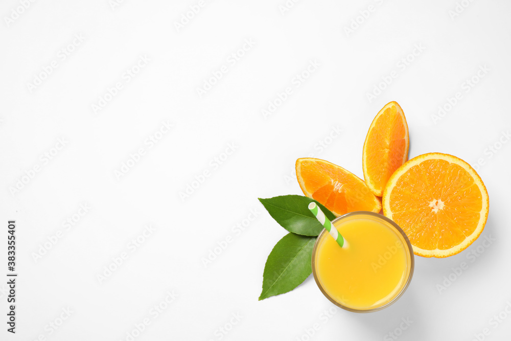 Glass of orange juice and fresh fruits on white background, top view - obrazy, fototapety, plakaty 