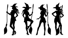 Silhouette Of Sexy Woman Wearing Witches Hat And Holding A Broom. Pretty Girl With Besom Dressed As A Witch For Halloween Party. Set Of Vector Illustrations.