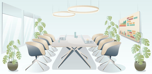 Business meeting room. Company staff training. Conference meeting room interior. Empty office with laptop, blackboard, coffee cup and water on table. Big windows and plants. Vector illustration.