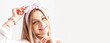 © Надія Коваль - young pure beautiful gentle woman take care of her skin with under eye patches. enjoying beauty procedures at home. Spa procedures. Long banner format