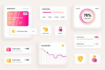 Fototapete - GUI elements for banking mobile app. Financial analytics of bank account, credit card balance user interface generator. Unique ui ux design kit vector illustration. Navigation and graphs components.