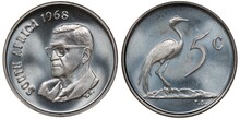 South African Republic Coin 5 Five Cents 1968, Bust Of President Charles Swart 3/4 Left, Blue Crane Left To Denomination, 