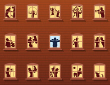 Loud Neighbors Behind Windows - Annoyed Man Covers His Ears - Brickwall House With People That Make Various Kinds Of Noise - Vector Illustration.
