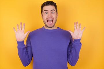 Wall Mural - Optimistic Handsome man with sweatshirt over isolated yellow background raises palms from joy, happy to receive awesome present from someone, shouts loudly, Excited model screaming.