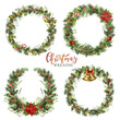 Set of Christmas wreaths with fir branches, holly berries, jingle bells and poinsettia flowers.