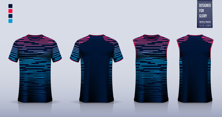 Blue t-shirt mockup, sport shirt template design for soccer jersey, football kit. Tank top for basketball jersey, running singlet. Fabric pattern for sport uniform in front view back view. Vector.