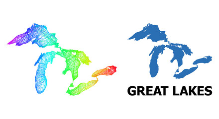 Wall Mural - Network and solid map of Great Lakes. Vector structure is created from map of Great Lakes with intersected random lines, and has spectral gradient. Abstract lines form map of Great Lakes.