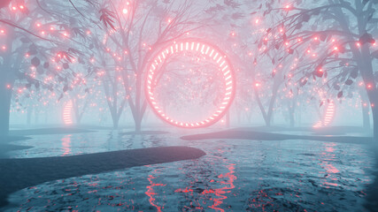 Wall Mural - 3d illustration graphic of foggy riverside landscape, with trees and magical pink environment and ne